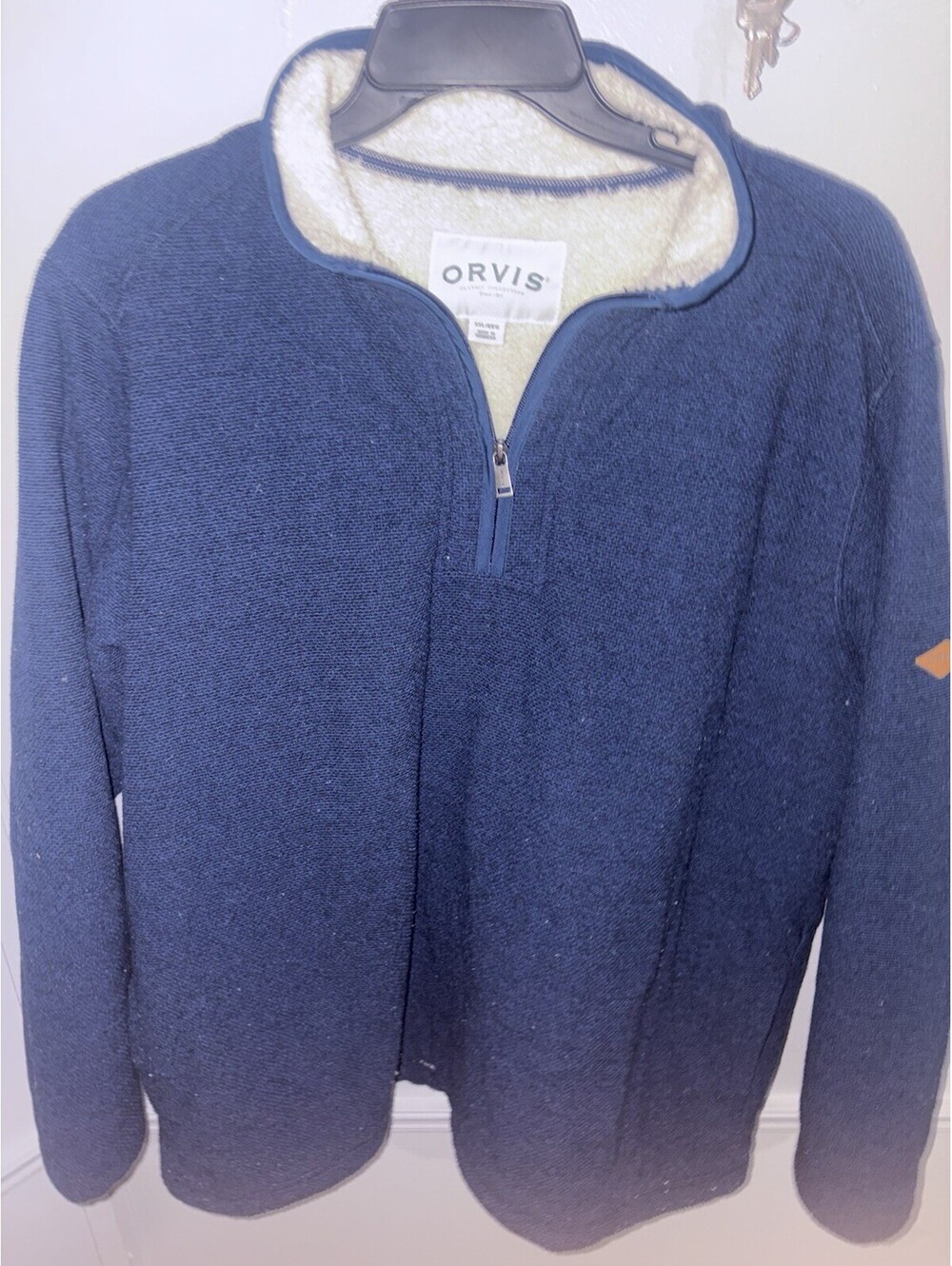 Orvis Mens XXL Blue Sherpa Lined Quarter Zip Fleece Sweater Pullover Textured